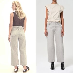 New Agolde Ren Jean Holograph 27 Light Grey High Rise Wide Leg Jeans Silver